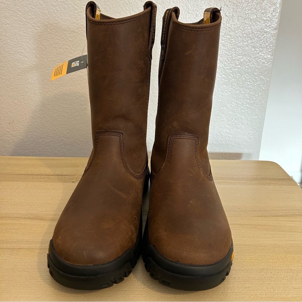 Caterpillar Work Boots Drawbar Brown Leather Pull-On Slip Resistant Men's 7.5